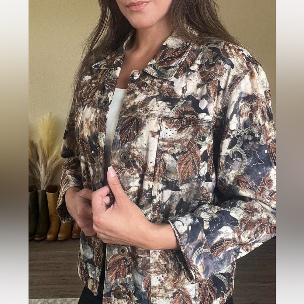 Chico's Design Brown and Black Jean Jacket with embroidery and embellishments